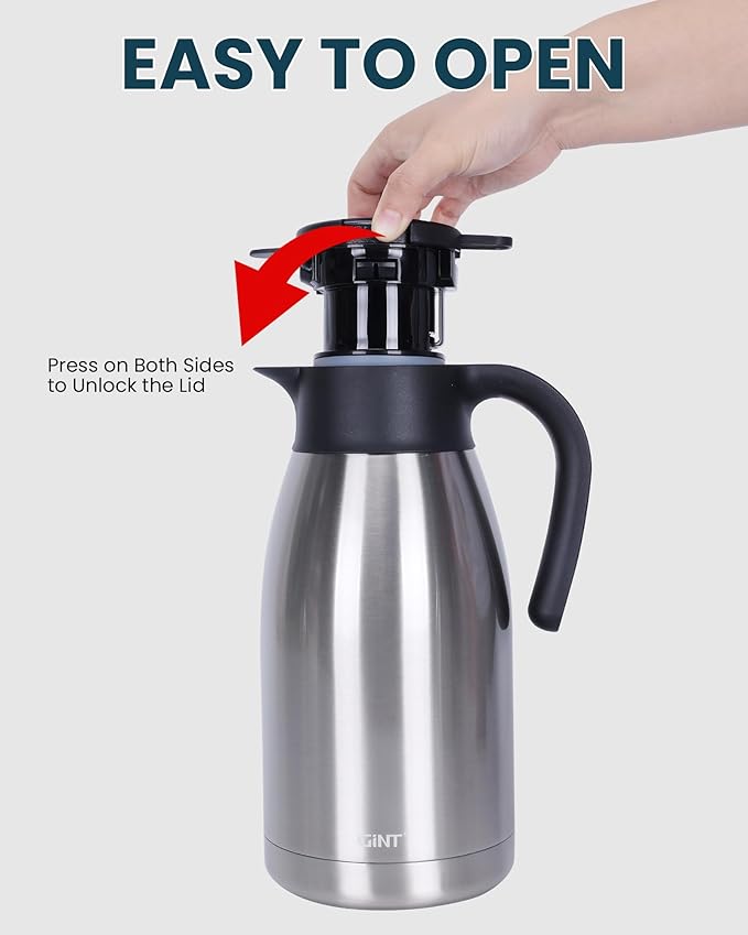 GiNT 64Oz Thermal Coffee Carafe, Insulated Stainless Steel Coffee Carafes for Keeping Hot/Double Walled Vacuum Thermal Carafe (Silver, 1.9L)