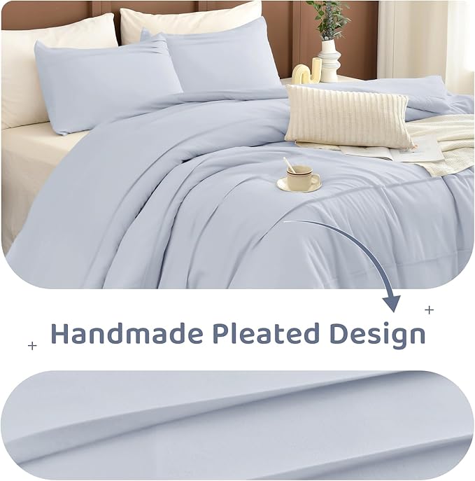 Sanracie Cotton King Comforter Set(106"x 95"),3Pcs Soft Lightweight Pinch Pleated Bedding Set,Cornflower Blue Colored Shabby Boho Chic Aesthetic Bedroom Sets