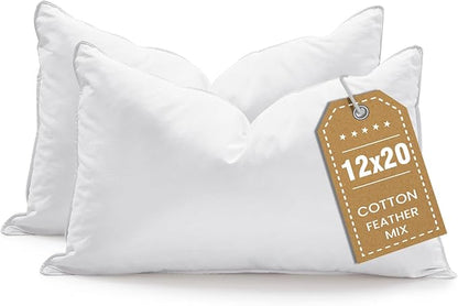 BHZ Throw Pillows 12x20 Euro Pillow Inserts Set of 2, Down Feather Alternative Pillow Inserts, Decorative Soft Large Square White Throw Pillows Insert for Couch Bed Dorm Sofa with Cotton Cover