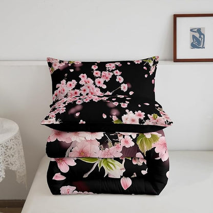 Erosebridal Cherry Blossoms Comforter Set,Japanese Style Duvet Insert Girls Woman Nature Plant Flower Floral Down Alternative,Decor 3Pcs Bedding Set (1 Quilted Duvet 2 Pillow Shams) Full,Pink Black