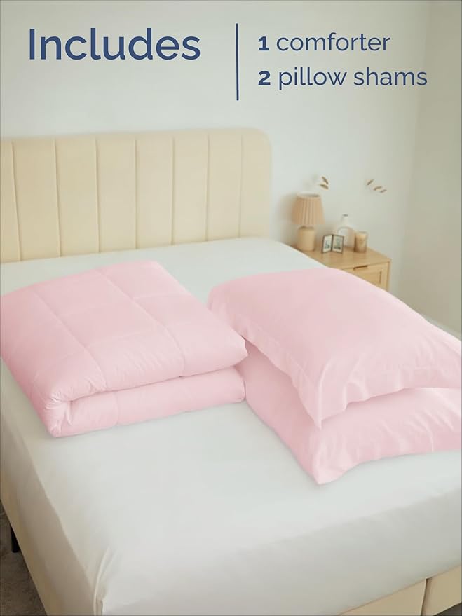 Queen Comforter Set - 3 Piece Bed Set for All Seasons - 1 Soft Quilted Comforter with Corner Tabs & 2 Pillow Shams - Comfy, Cozy & Breathable - Premium Down Duvet Insert - Queen Size, Lavender Pink