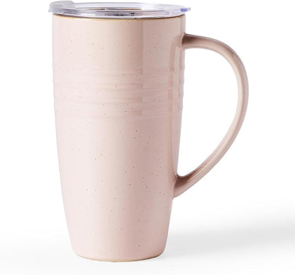 famiware Jupiter Large Coffee Mug, 20oz Coffee Mug with Lid, Ceramic Cup with Handle for Latte, Tea, Cocoa, Milk, Home & Office, Microwave and Dishwasher Safe, Light Pink