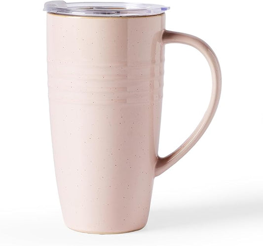 famiware Jupiter Large Coffee Mug, 20oz Coffee Mug with Lid, Ceramic Cup with Handle for Latte, Tea, Cocoa, Milk, Home & Office, Microwave and Dishwasher Safe, Light Pink