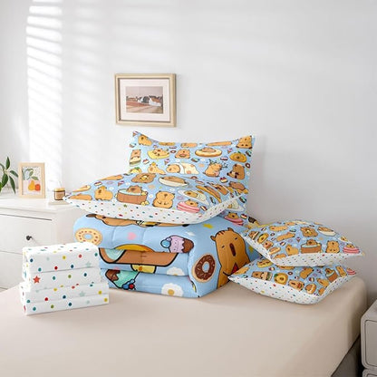 Cartoon Capybara 7 Pieces Bedding Set Full Size,Kawaii Animals Bed in a Bag,Capybara Lovers Bed Set Includes Comforter,Sheet Set,Pillowcases & Pillow Covers,Yummy Foods Love Hearts Bedroom Decor