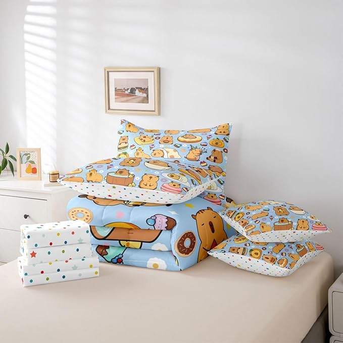 Cartoon Capybara 7 Pieces Bedding Set King Size,Kawaii Animals Bed in a Bag,Capybara Lovers Bed Set Includes Comforter,Sheet Set,Pillowcases & Pillow Covers,Yummy Foods Love Hearts Bedroom Decor