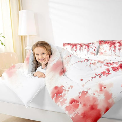 Manfei Cherry Blossom Comforter Set Toddler Size, Watercolor Flower Branches Bedding Set 2pcs, Japanese Style Pink Red Floral Down Comforter, Kids Girls Women Room Decor, 1 Pillowcase, No Sheets
