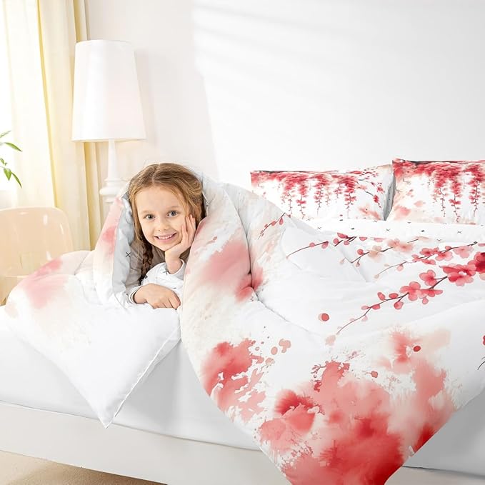 Manfei Cherry Blossom Comforter Set King Size, Watercolor Flower Branches Bedding Set 3pcs, Japanese Style Pink Red Floral Down Comforter, Kids Girls Women Room Decor, 2 Pillowcases, No Sheets