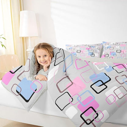Erosebridal Pink Blue Geometric Square Comforter Set Full Modern Abstract Striped Bedding Set Pastel Plaid Grid Comforter for Kids Girls Boys Aesthetic Gingham Checkered Quilt Duvet