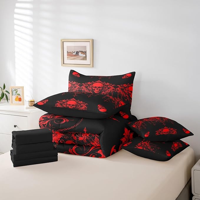 Erosebridal Gothic Bed in a Bag King Size Comforter Set 7 Pieces,Goth Sugar Skull Black Red Damask Bedding Set,Bohemian Vintage Floral Comforter and Sheet Set,Exotic Antique Victorian Baroque Decor