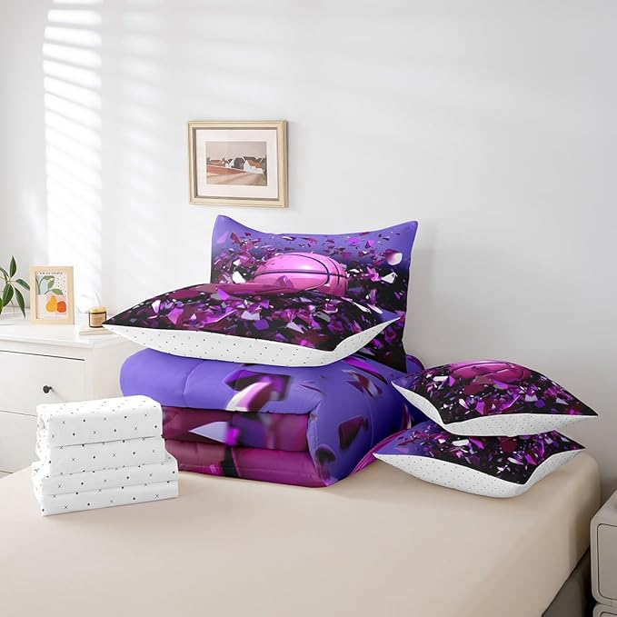 Feelyou Basketball Comforter Set King Size 7 Pcs Girls Boys Basketball Sports Comforter Bed in a Bag Sports Ball Game Bedding Set for Basketball Lover Bed Set with Sheets, Pillowcases, Pillow Covers