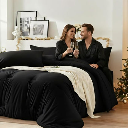 Queen Comforter Set 7 Piece - Black Soft Bed in a Bag Queen Size Comforter Sets, Cozy Luxury Bedding Sets with Down Alternative Comforter, Flat Sheet, Fitted Sheet, 2 Pillowcases & 2 Shams
