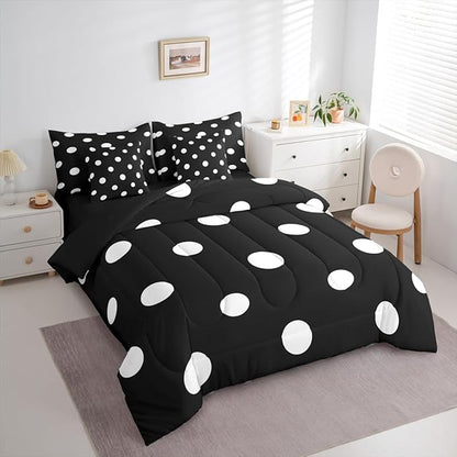 Feelyou Polka Dot 7 Piece Bedding Set Black White Comforter Set with Sheets for Kids Boys Girls Geometric Plaid Bed in a Bag Modern Cute Bed Set Soft Lightweight