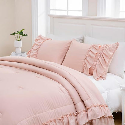 Pink Bedding Comfrter Queen Boho Ruffle Comforter Set Shabby Chic Bedding 2 Layers Ruffles Home Decor Farmhouse Bed Comforter 1 Comforter 2 Pillowcases (Blush, Queen)