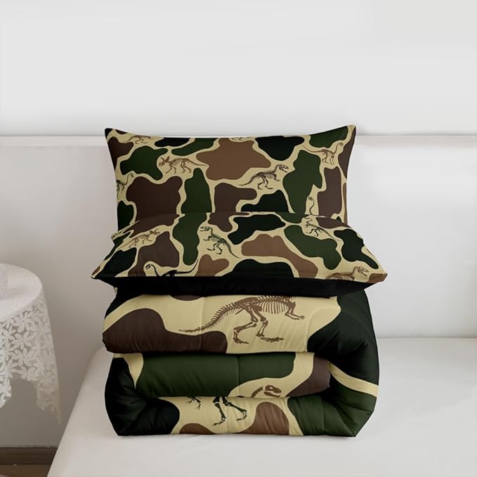 Erosebridal Dino Camouflage Comforter Set Toddler Size Dark Green Camo Bedding Set for Kids Boys Girls Dinosaur Skeleton Comforter Vintage Skeleton Rustic Quilt Bedroom Decor