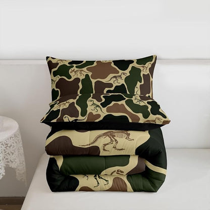 Erosebridal Dino Camouflage Comforter Set Toddler Size Dark Green Camo Bedding Set for Kids Boys Girls Dinosaur Skeleton Comforter Vintage Skeleton Rustic Quilt Bedroom Decor