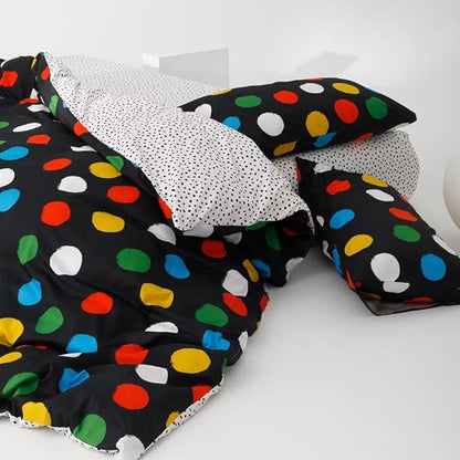 CLOTHKNOW Black Comforter Sets California King Colorful Dot Bedding Comforter Sets Men Boys Comforter White Yellow Green Blue Rust Ball Bedding Sets