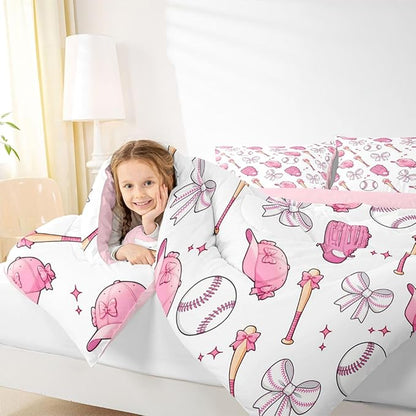 Castle Fairy Baseball Bow Comforter Set King Size,Pink Bowknot Bedding Sets 3Pcs for Kids Girls Boys Women Room Decor,Baseball Bat and Cap Duvet Insert Cute Girly Sports Down Comforter,2 Pillowcases