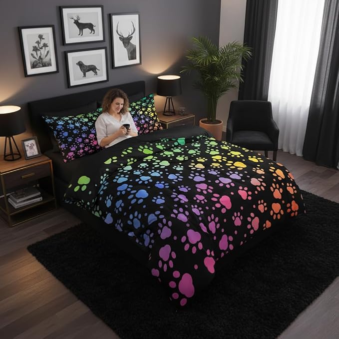 Puppy Paw Comforter Set King Size, Colorful Animal Print Soft Bedding Set with 2 Pillowcases, Great Bedroom Decor/104 * 90