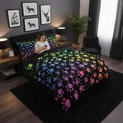 Puppy Paw Comforter Set King Size, Colorful Animal Print Soft Bedding Set with 2 Pillowcases, Great Bedroom Decor/104 * 90