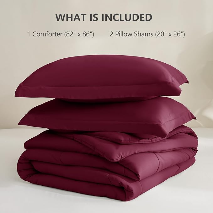 CozyLux Full Size Comforter Sets - Burgundy Comforter Full Size, 3 Pieces Box Stitched Bed Set for All Seasons, Soft Lightweight Bedding Sets with 1 Down Alternative Comforter and 2 Pillow Shams