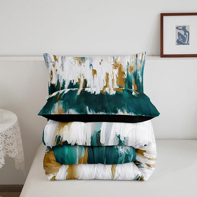 Erosebridal Teal Comforter Full Graffiti Ombre Bedding Set, Brush Strokes Oil Painting Down Comforter Modern Contemporary Bed Set, Chic Vintage Abstract Gradient Quilted Duvet 3 Pieces