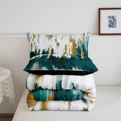 Erosebridal Teal Comforter Full Graffiti Ombre Bedding Set, Brush Strokes Oil Painting Down Comforter Modern Contemporary Bed Set, Chic Vintage Abstract Gradient Quilted Duvet 3 Pieces