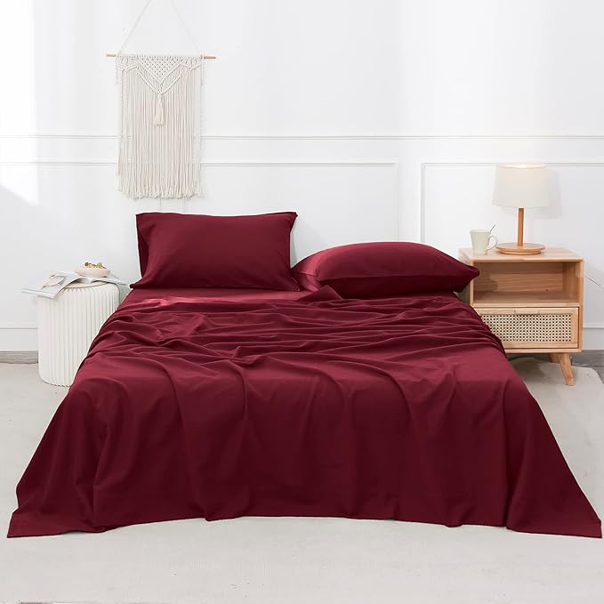 Simple&Opulence Belgian Linen Sheet Set Solid Color - 3 Pieces (1 Flat Sheet, 1 Fitted Sheet & 1 Pillowcase) Natural Flax Cotton Blend Soft Breathable Farmhouse Bedding - Twin Size, Burgundy Red