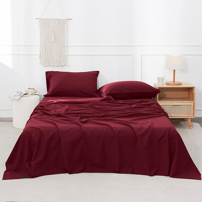 Simple&Opulence Belgian Linen Sheet Set Solid Color - 3 Pieces (1 Flat Sheet, 1 Fitted Sheet & 1 Pillowcase) Natural Flax Cotton Blend Soft Breathable Farmhouse Bedding - Twin Size, Burgundy Red