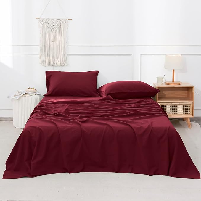 Simple&Opulence Belgian Linen Sheet Set Solid Color - 4 Pieces (1 Flat Sheet, 1 Fitted Sheet & 2 Pillowcases) Natural Flax Cotton Blend Soft Breathable Farmhouse Bedding - Full Size, Burgundy Red