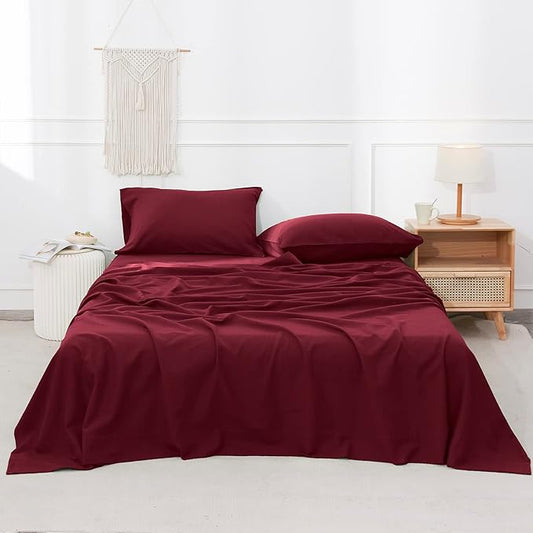 Simple&Opulence Belgian Linen Sheet Set Solid Color - 4 Pieces (1 Flat Sheet, 1 Fitted Sheet & 2 Pillowcases) Natural Flax Cotton Blend Soft Breathable Farmhouse Bedding - King Size, Burgundy Red