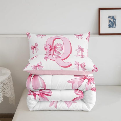 Erosebridal Pink Dreamy Princess Style Toddler Bedding Set for Kids Girls Teen,Initial Letter Q Comforter Set Cute Kawaii Bowknot Bedding Comforter Sets Romantic Watercolor Bow Quilt Duvet
