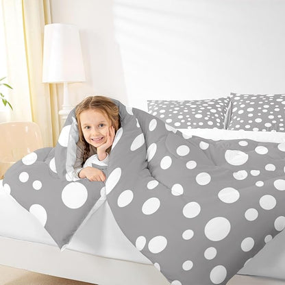 Manfei White Polka Dots Comforter Set Toddler Size,French Style Cute Dots Print Bedding Set for Kids Teens,Simple Gray White Geometric Circles Comforter,2 Pcs 1 Pillowcase