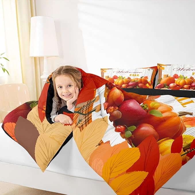 Pumpkin Comforter Set Full Happy Fall Bedding Set Thanksgiving Day Harvest Season Comforter Gifts For Kids Teen Adults,Orange Buffalo Plaid Quilt Duvet Rustic Farmhouse Home Room Decor 2 Pillow Cases