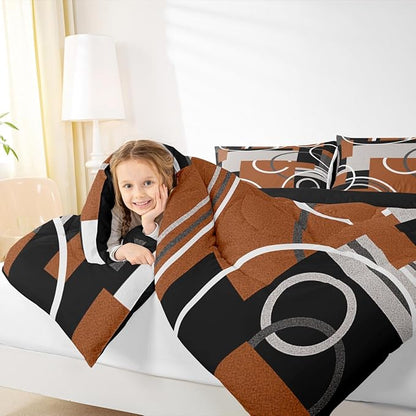 Geometric Swirls Comforter Set Brown Gray Black Duvet Insert Circles Rings Square Bedding Sets Striped Lines Down Comforter Modern Minimalist Quilted Duvet Chic Graphic Artwork Comforter, Queen Size