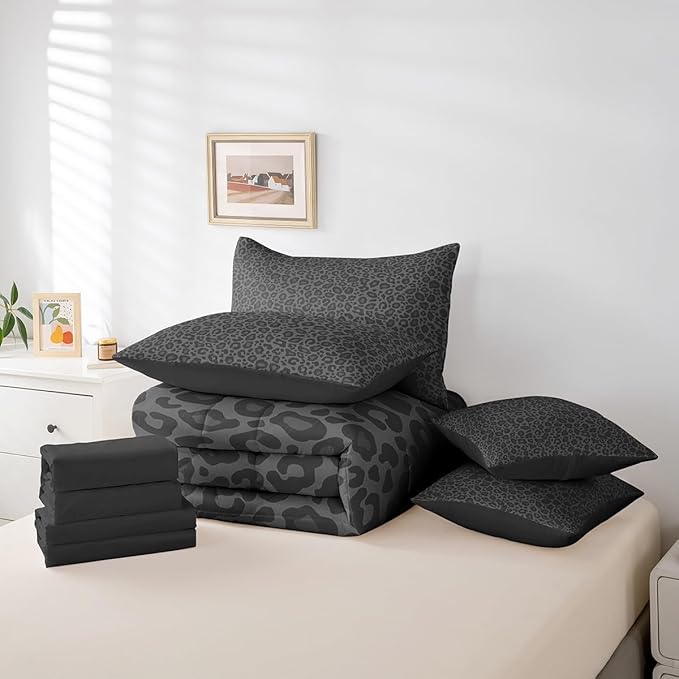 Castle Fairy Leopard Print Queen Size Bed Sets,Gray Wild Animal Skin All Season Comforter Set,African Cheetah Wildlife Bedding Set with 1 Comforter,2 Sheets,2 Pillowcases and 2 Pillow Covers,7 Pieces