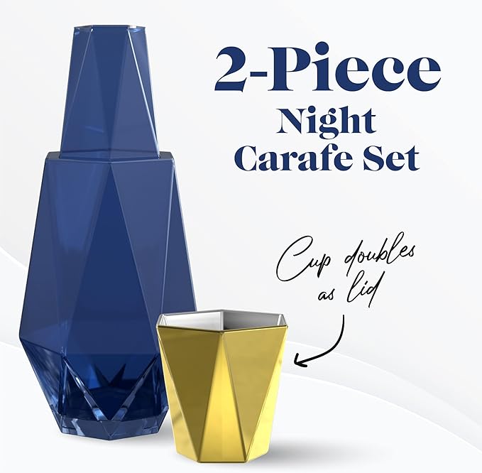 American Atelier 37 oz Modern Geometric Bedside Carafe Set – 2-Piece Glass Water Carafe with Cup Lid, Angular Nightstand Drinkware for Water, Juice & Mouthwash, Elegant Home Accessory (Navy/Gold)