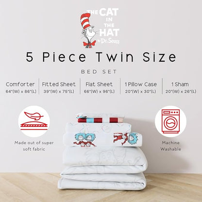 Dr. Seuss Cat in The Hat Kids Bedding, 5 Piece Twin Bed Set, Soft Cozy Reversible Comforter and Sheet Set with Sham, Officially Licensed Product by Franco