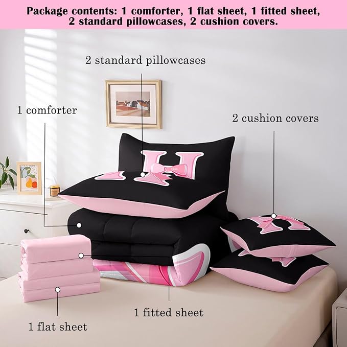 jejeloiu Kids Girls Black Pink Bow Comforter Set with Sheets Full Size Monogrammed 7 Piece Bedding Set Personalized Initial H Bed in a Bag with Comforter,Sheets,Pillowcases Modern Fashion Bed Set