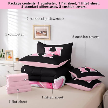 jejeloiu Kids Girls Black Pink Bow Comforter Set with Sheets Queen Size Monogrammed 7 Piece Bedding Set Personalized Initial H Bed in a Bag with Comforter,Sheets,Pillowcases Modern Fashion Bed Set