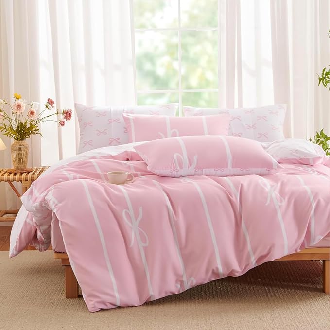 Pink Comforter Set Queen 3 Pieces Pink Bow Bedding Set for Girls Kids, 100% Microfiber, Cute Coquette Bowknot Comforter with 2 Pillowcases, Soft Lightweight, Pink White