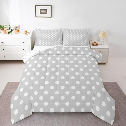 Manfei Polka Dots Teens Comforter Set,French Style Cartoon Dots Gray White Bedding Set All Season,Modern Geometric Circles Abstract Simple Art Comforter 3 Pcs with 2 Pillowcases,Queen Size