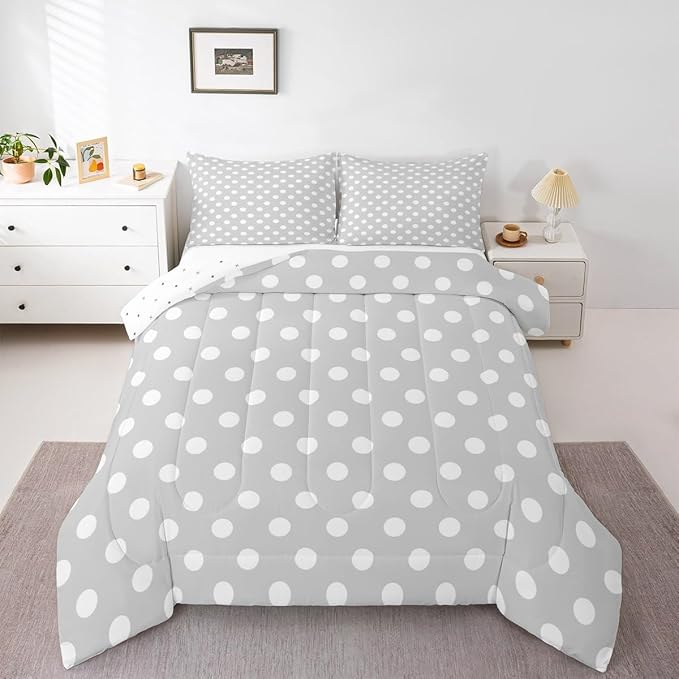 Manfei Polka Dots Kids Comforter Set,French Style Cartoon Dots Gray White Bedding Set All Season,Modern Geometric Circles Abstract Simple Art Comforter 2 Pcs with 1 Pillowcase,Twin Size