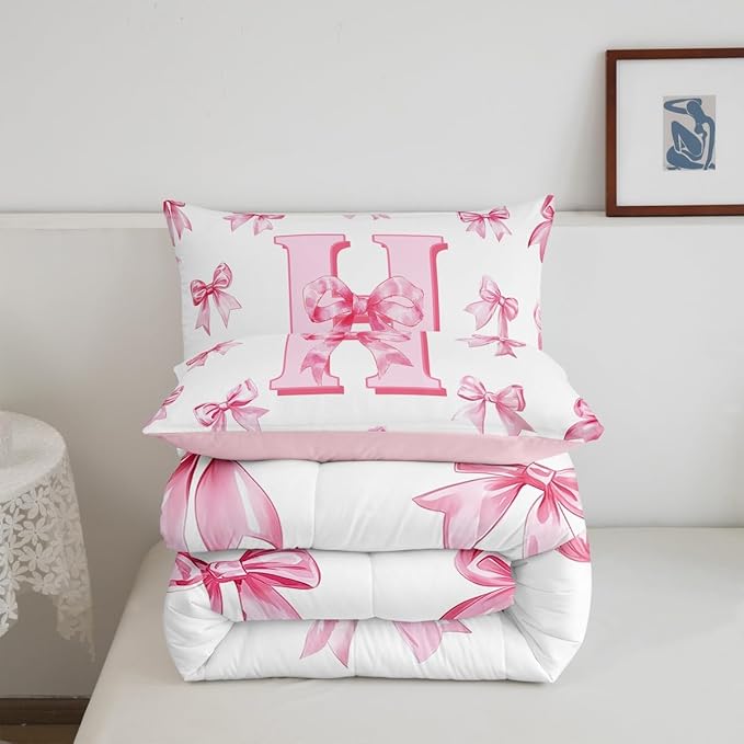 Erosebridal Pink Kawaii Letter Bowknot Bedding Set Twin,Cute Initial Letter H Comforter Set Dreamy Princess Bow Bedding Comforter Sets Romantic Chic Bowknot Bed Set for Kids Girls Teen