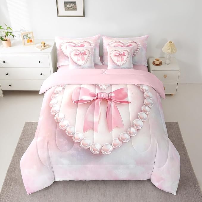jejeloiu Girls Silk Bow 7 Piece Bedding Set King Size Pink Pearl Comforter Set with Sheets for Kids Women Princess Style Bed in a Bag Pink Ombre Bed Set