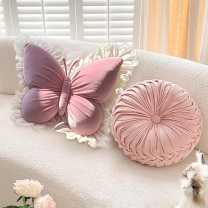 Butterfly Throw Pillow,21.6 inch Velvet Butterfly Decorative Pillow with Lace Trim,Animal Pillow for Couch Living Room Bed,Home Garden Decor (Pink)