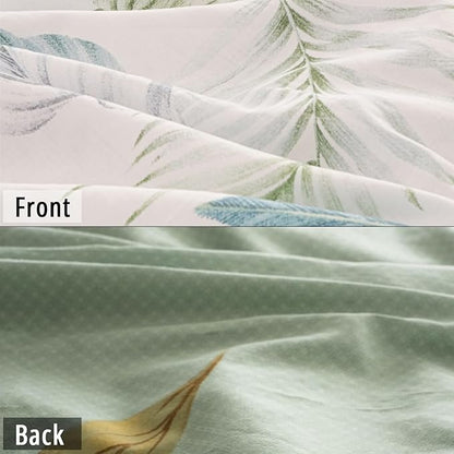 Botanical Cotton Comforter Twin Size - Sage Green Comforter Printed with Leaves & Ferns on White,Reversible Lightweight Bedding Sets 2Pcs(Leaves,68"×90")