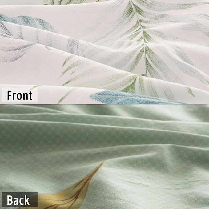 Botanical Cotton Comforter Queen Size - Sage Green Comforter Printed with Leaves & Ferns on White,Reversible Lightweight Bedding Sets 3Pcs(Leaves,90"×90")