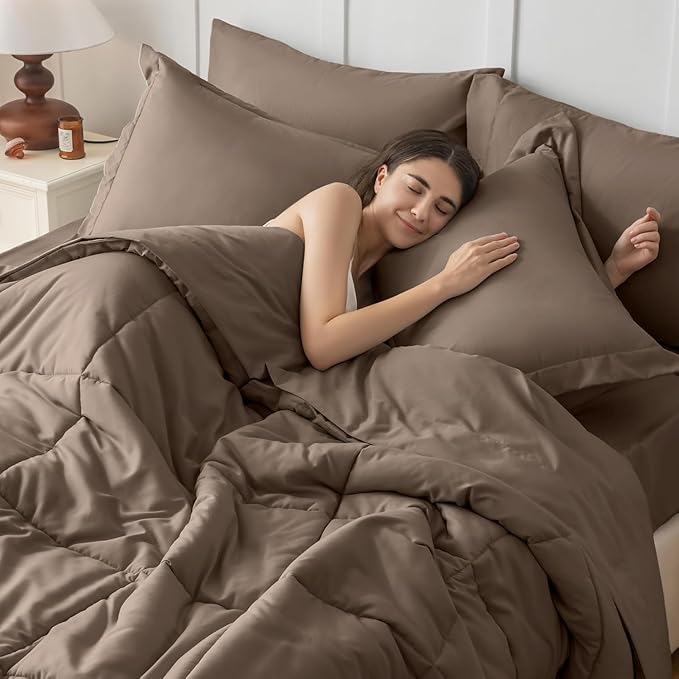 JOLLYVOGUE California King Comforter Set, Ultra-Soft Bed in a Bag Cal King Size 7 Pieces, Oeko-TEX Certified Bedding Set with Down Alternative Comforter, Sheets, Pillowcases & Shams, Brown