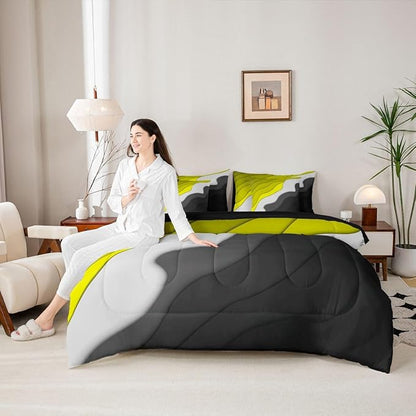 Yellow Grey Black Ombre Bedding King Size 7-Piece Kids Teens Adults Geometric Stripe Comforter Set, Aesthetic Wave Bedding Comforter Sets Modern Abstract Bed in a Bag, Gradient Bedding Accessories
