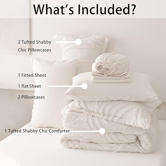 Ivory Queen Comforter Set - 7 Pieces Bed in a Bag, Premium Comforters Queen Size Bed Set Tufted Shabby Chic Bedding Comforter Set with Flat Sheet, Fitted Sheet and Pillowcases,White